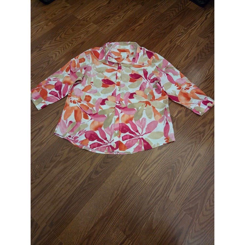 Chico's No-Iron Linen Blend Floral Petal Button‎ Up Shirt Pink Orange Size 2 Lg